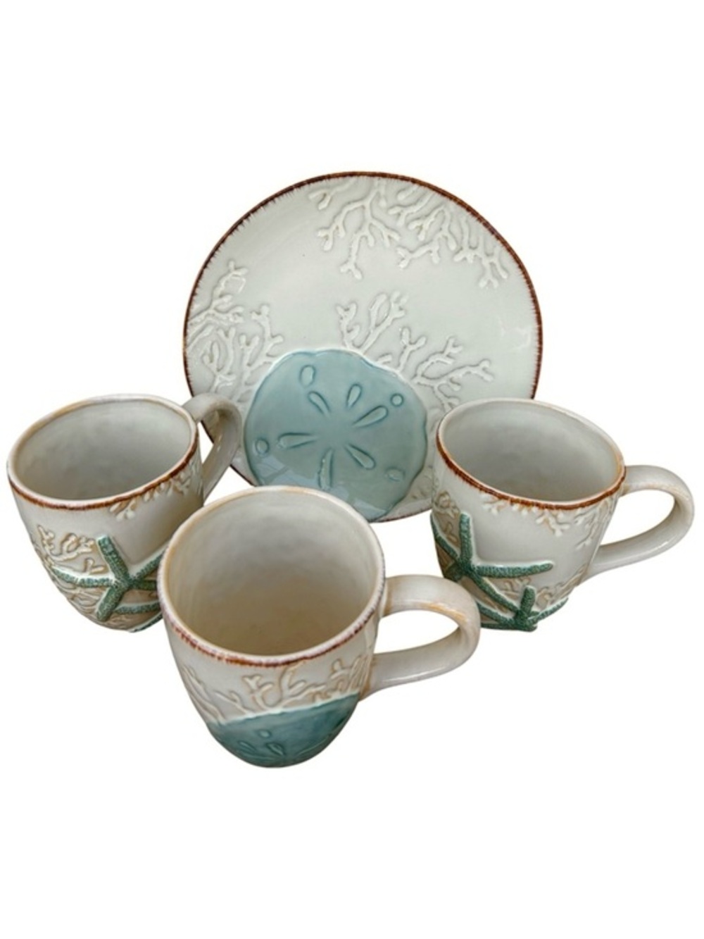 Cracker Barrel Discontinued White Sands Stoneware Rustic Teal Set 3 Mugs & Plate